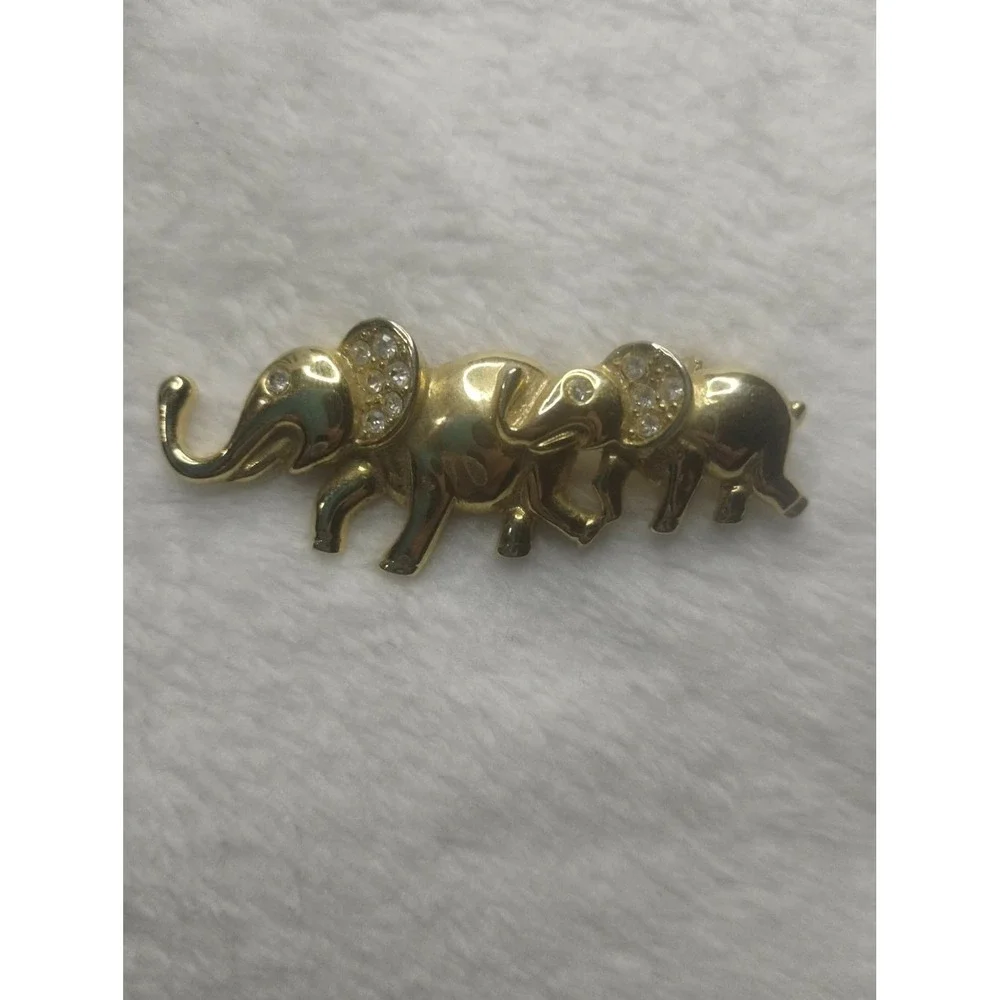 AJMC Gold Tone Rhinestone Elephant Family‎ Brooch Pin Good Luck Trunk Up Bin 2